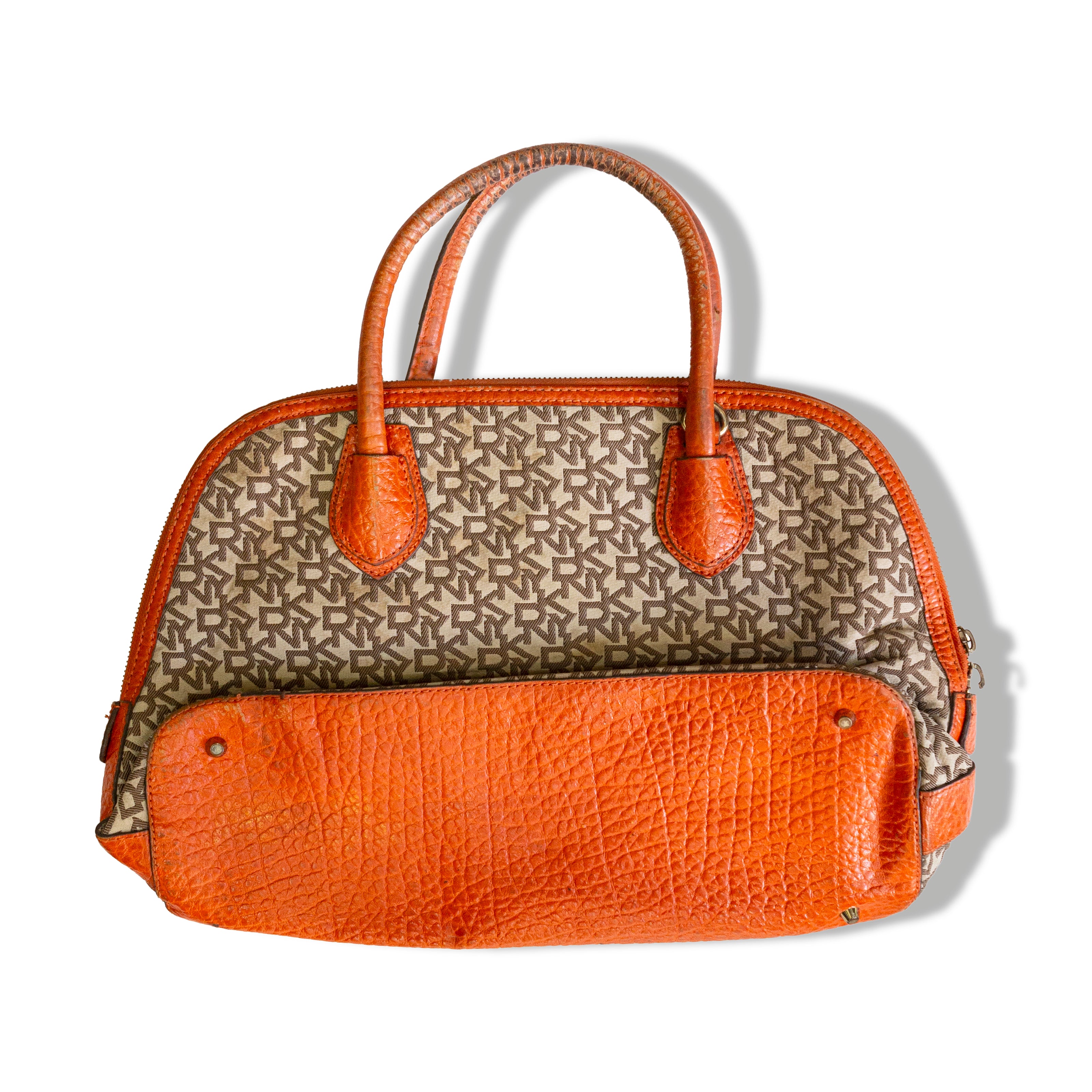 DKNY Signature Satchel Bag – Brown Monogram with Orange Leather Trim