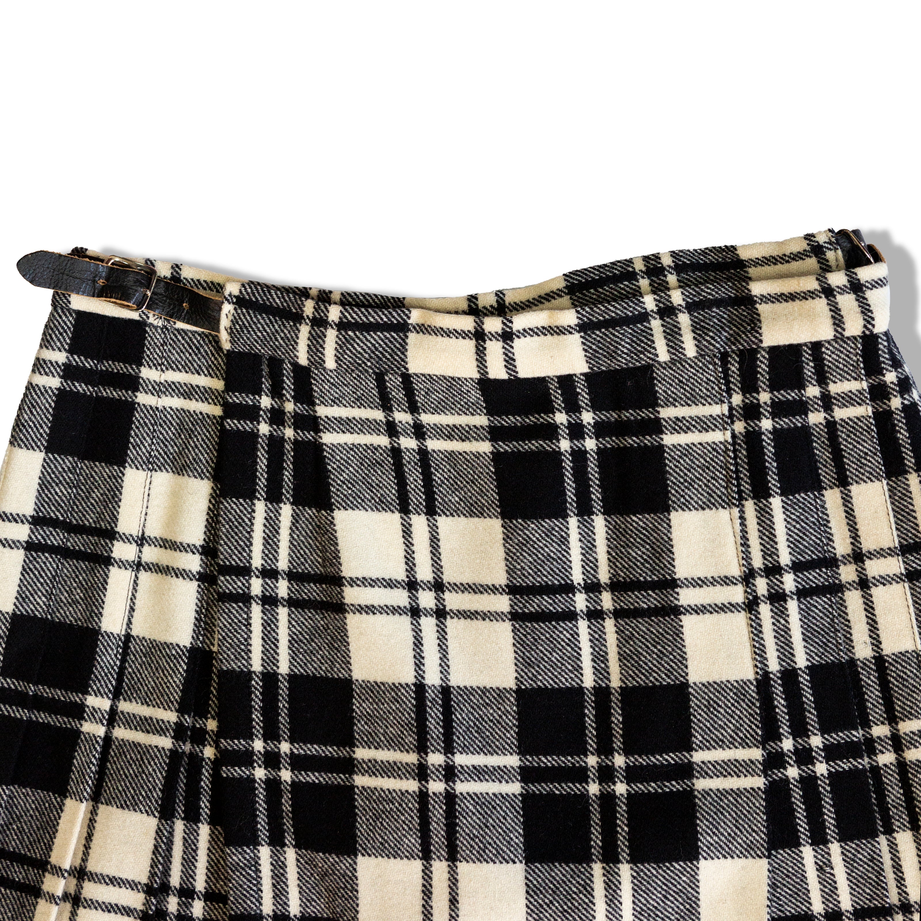Vintage 70s style 100% Wool Plaid Black Ivory Pleated Midi skirt