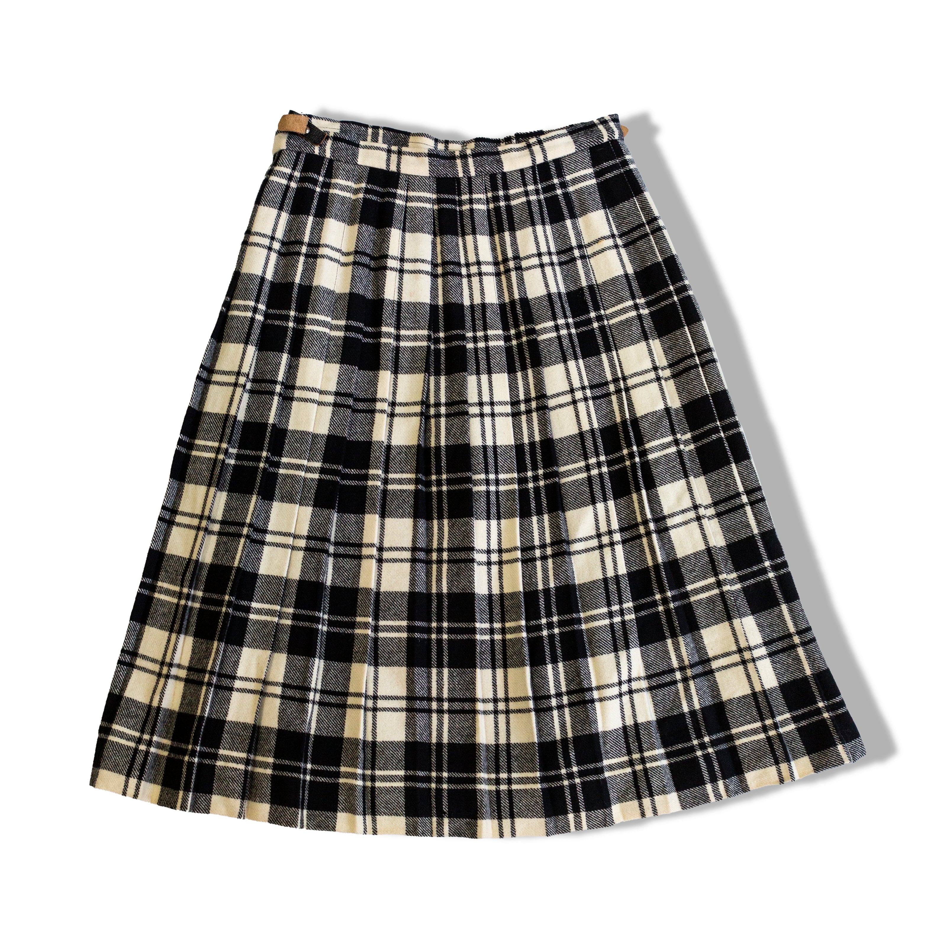 Vintage 70s style 100% Wool Plaid Black Ivory Pleated Midi skirt