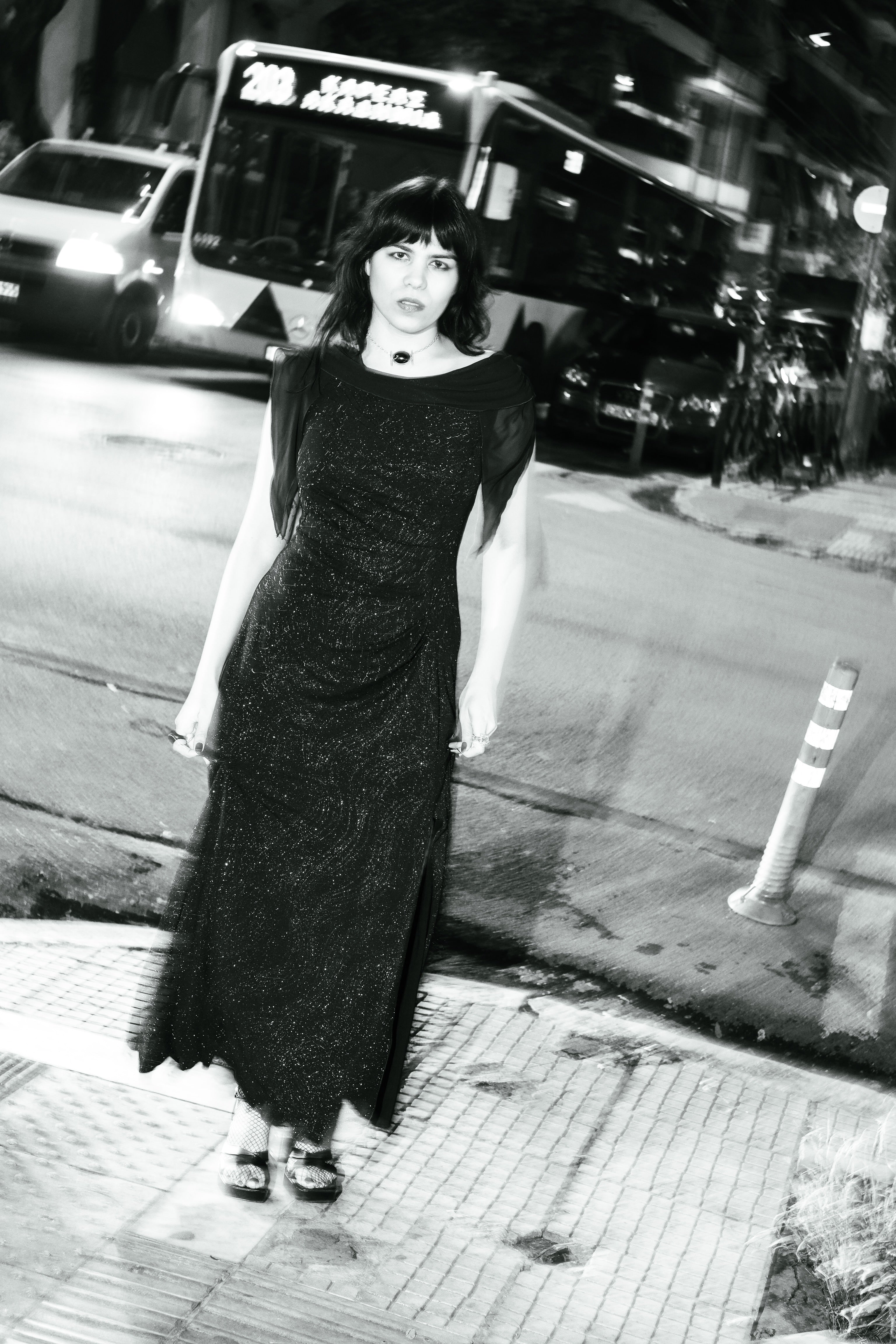 Vintage navy glitter evening gown with sheer shawl sleeves (XL)