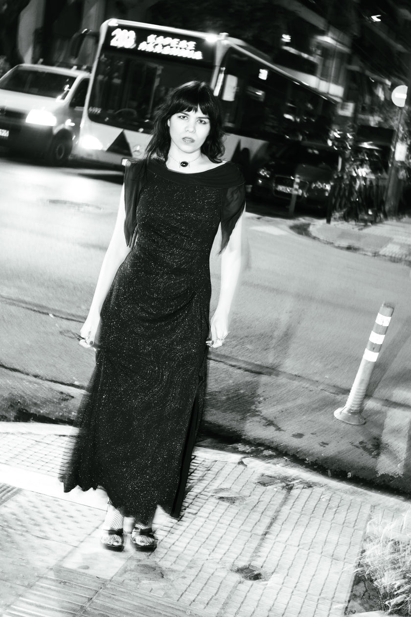 Vintage navy glitter evening gown with sheer shawl sleeves (XL)