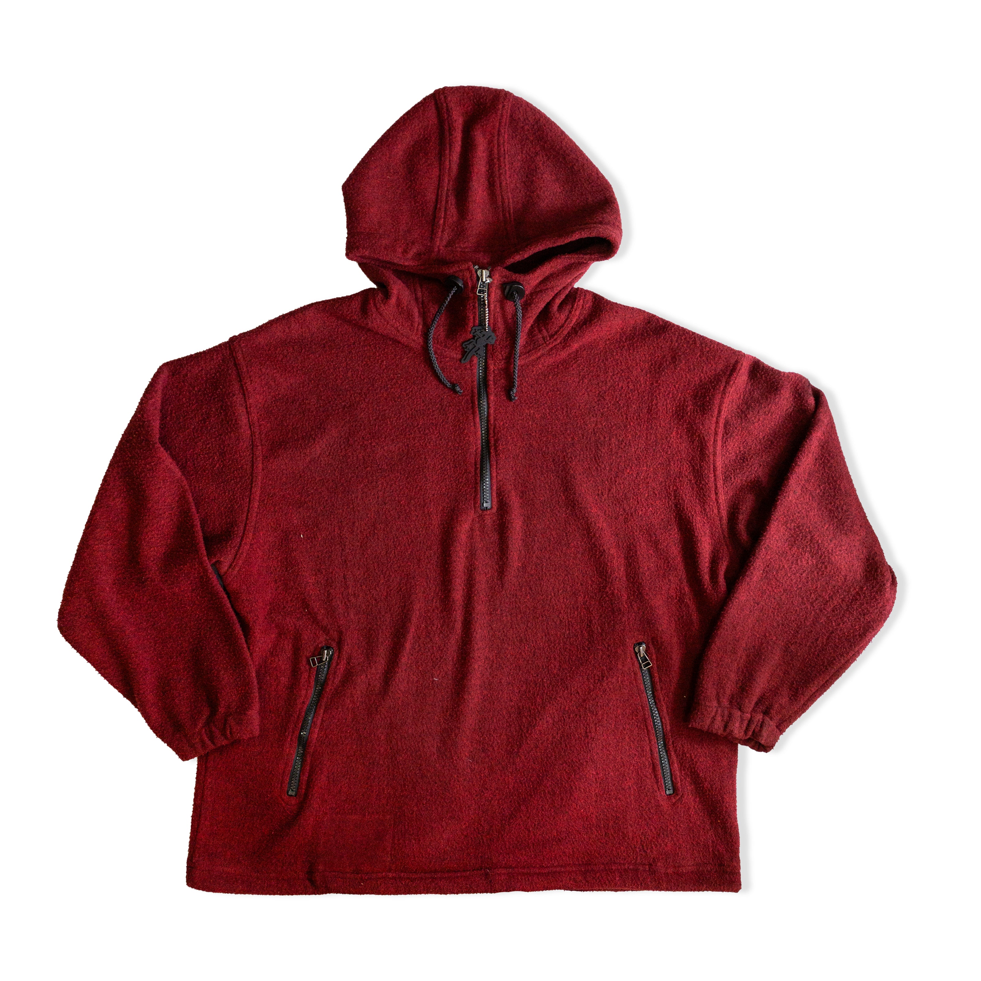 Vintage Men’s Hooded Fleece Pullover – Burgundy Half-Zip Jacket (M)