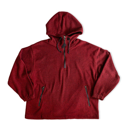 Vintage Men’s Hooded Fleece Pullover – Burgundy Half-Zip Jacket (M)