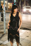 Stunning black beaded & sequin fringe flapper dress (M)