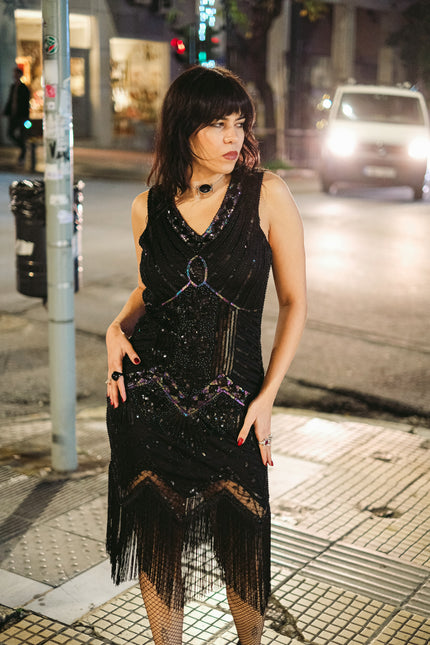 Stunning black beaded & sequin fringe flapper dress (M)