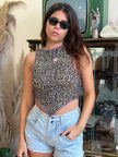 Handmade animal print top with purple stitching