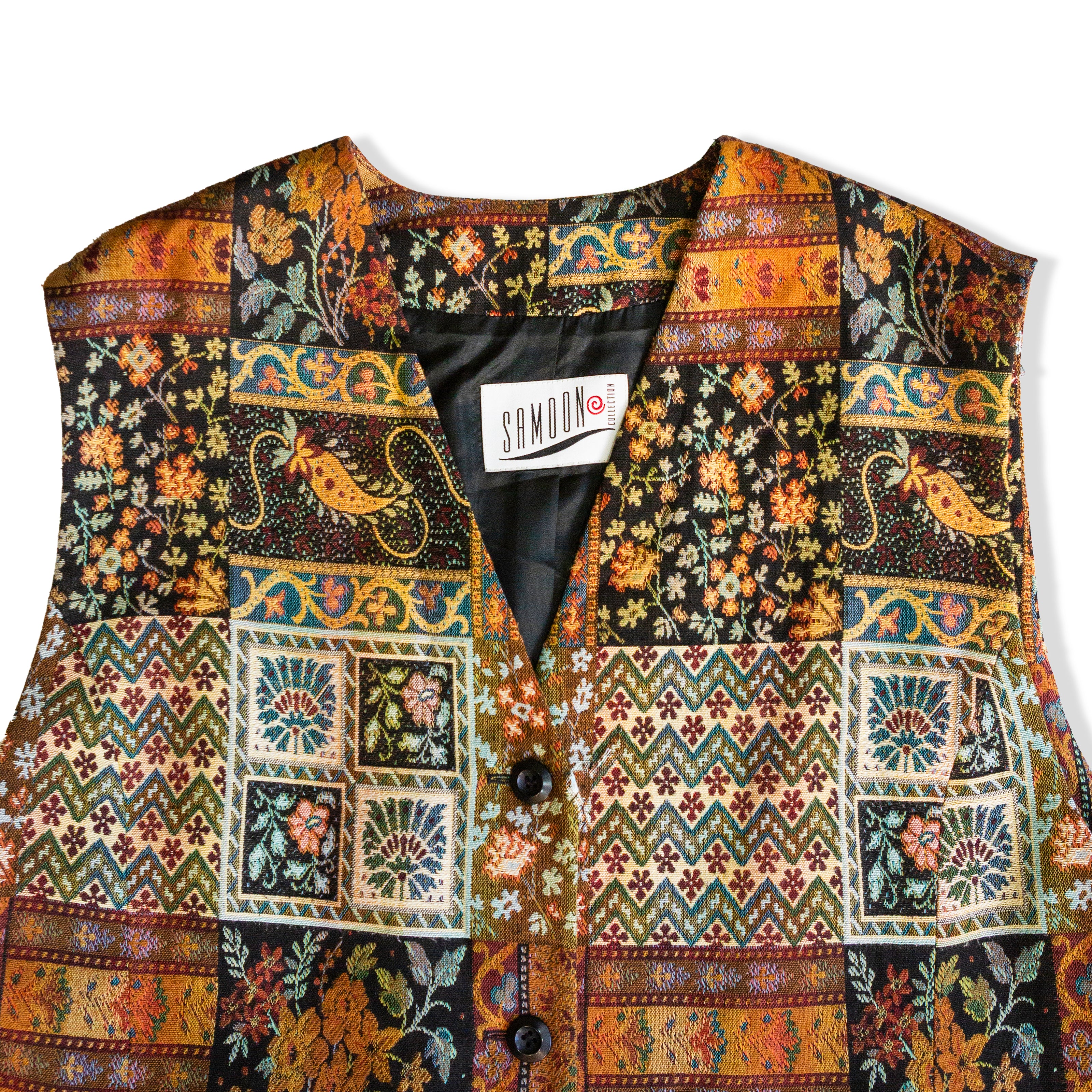 Vintage Mens Multicolor Patchwork Tapestry Button-Front Waistcoat Vest (XL)