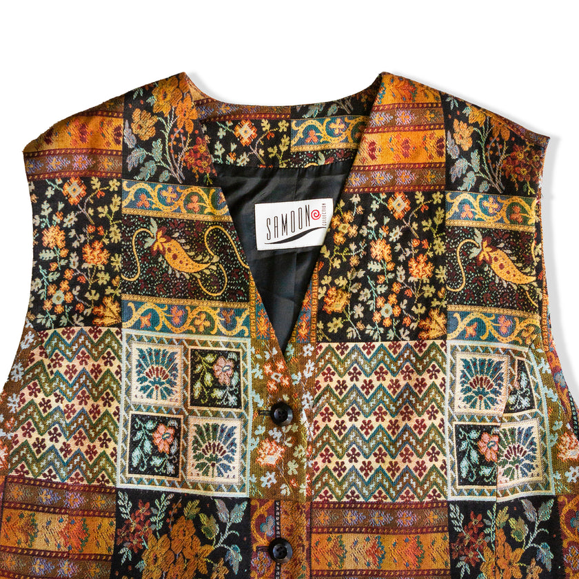 Vintage Mens Multicolor Patchwork Tapestry Button-Front Waistcoat Vest (XL)