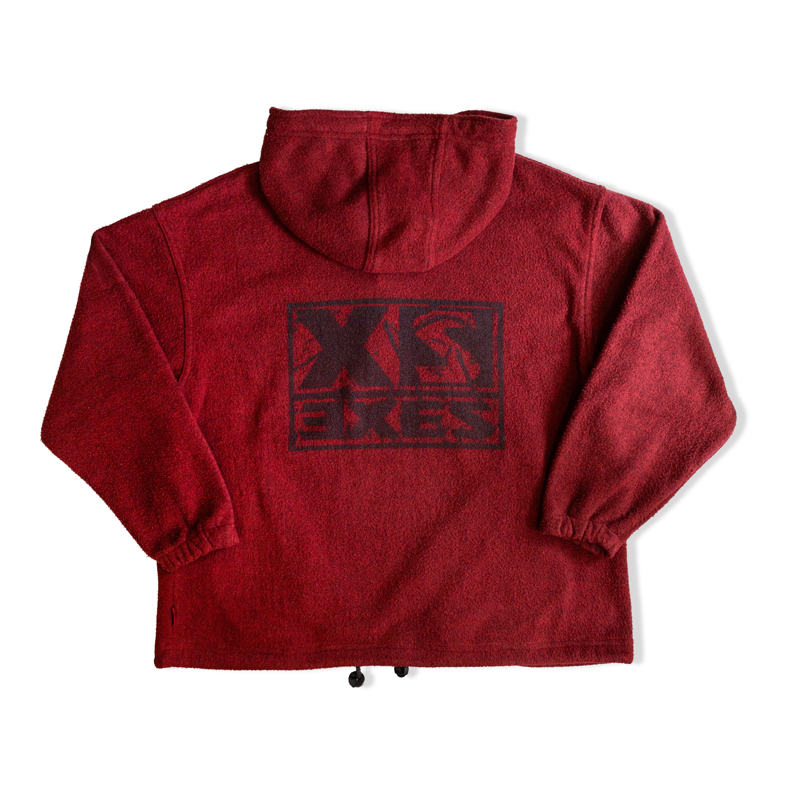 Vintage Men’s Hooded Fleece Pullover – Burgundy Half-Zip Jacket (M)