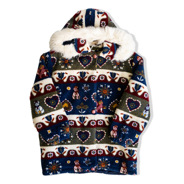 Vintage Folk Art Fleece Coat with Faux Fur Hood – Nordic Heart & Animal Pattern (XS/S)