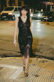 Stunning black beaded & sequin fringe flapper dress (M)