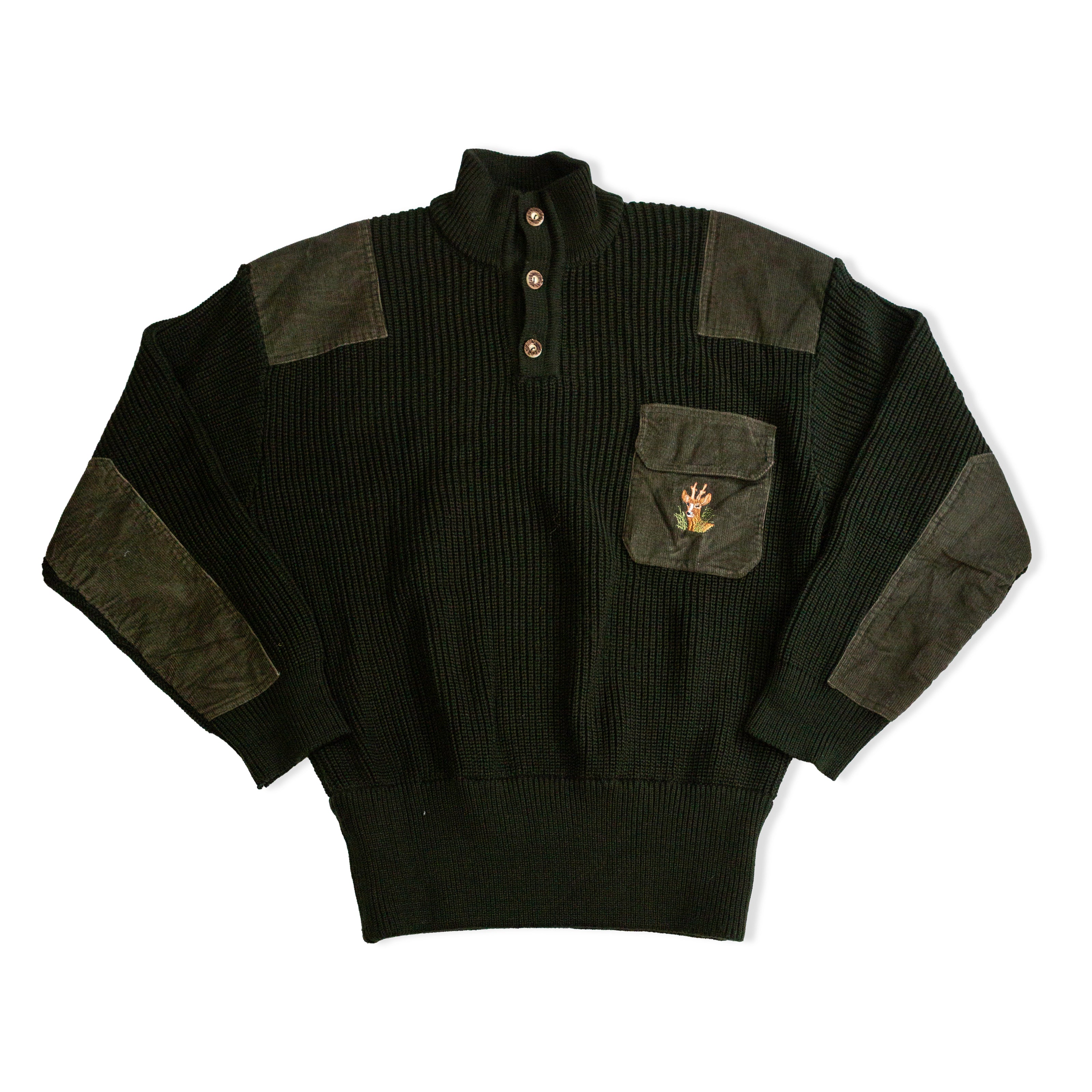 Vintage Dark Green Wool Hunting Sweater with Corduroy Patches