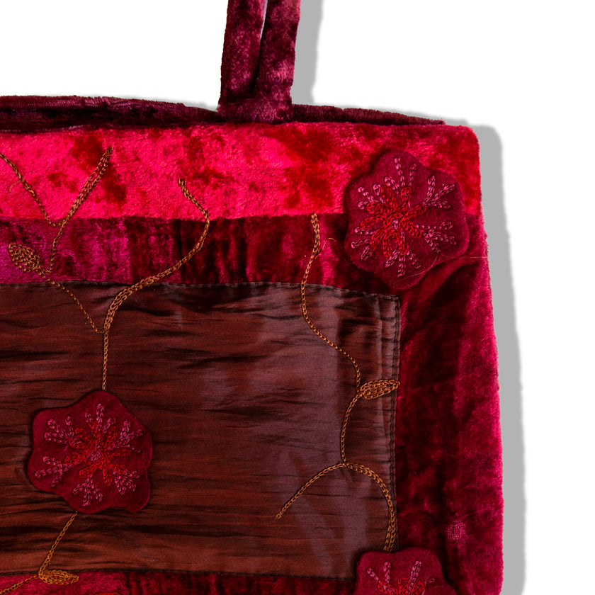 Deadstock red velvet handbag with embroidered details