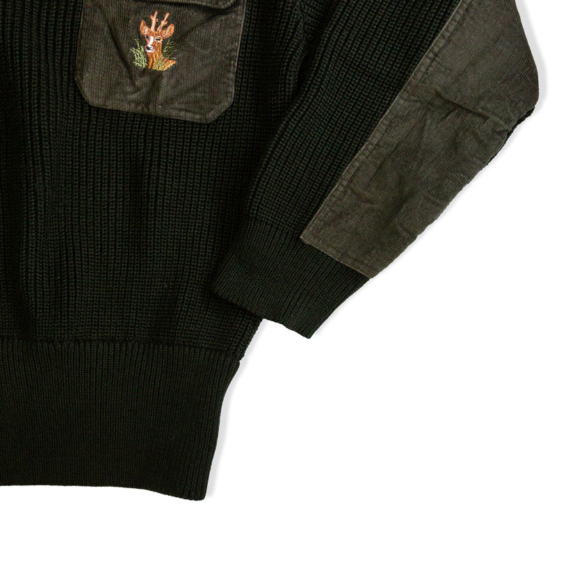 Vintage Dark Green Wool Hunting Sweater with Corduroy Patches