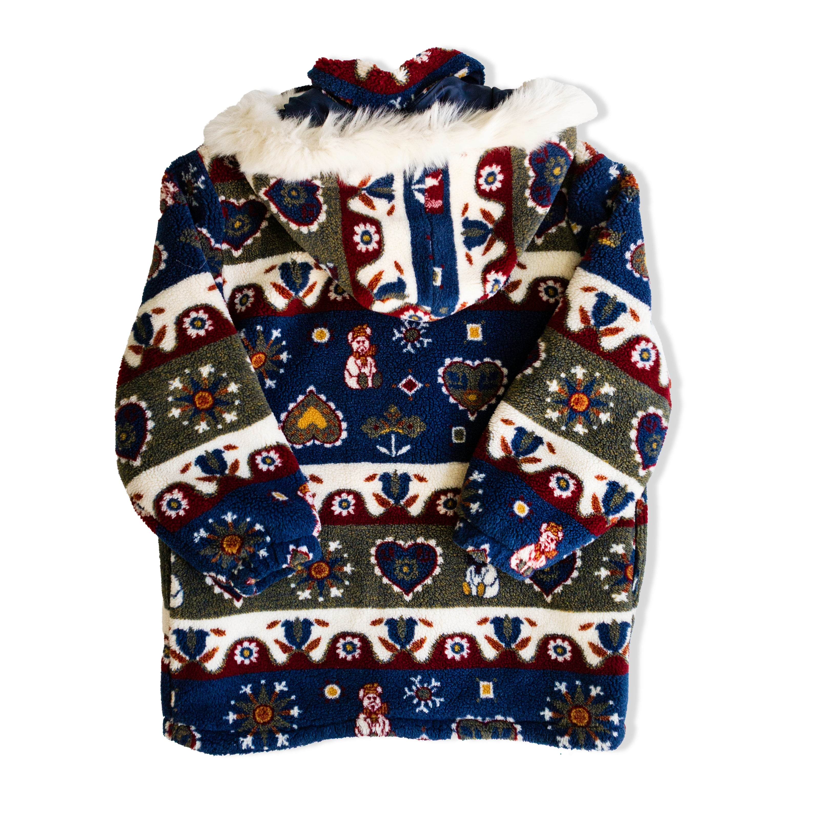 Vintage Folk Art Fleece Coat with Faux Fur Hood – Nordic Heart & Animal Pattern (XS/S)