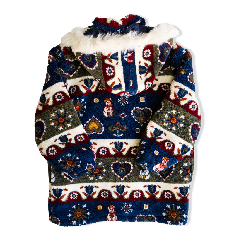 Vintage Folk Art Fleece Coat with Faux Fur Hood – Nordic Heart & Animal Pattern (XS/S)