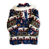 Vintage Folk Art Fleece Coat with Faux Fur Hood – Nordic Heart & Animal Pattern (XS/S)