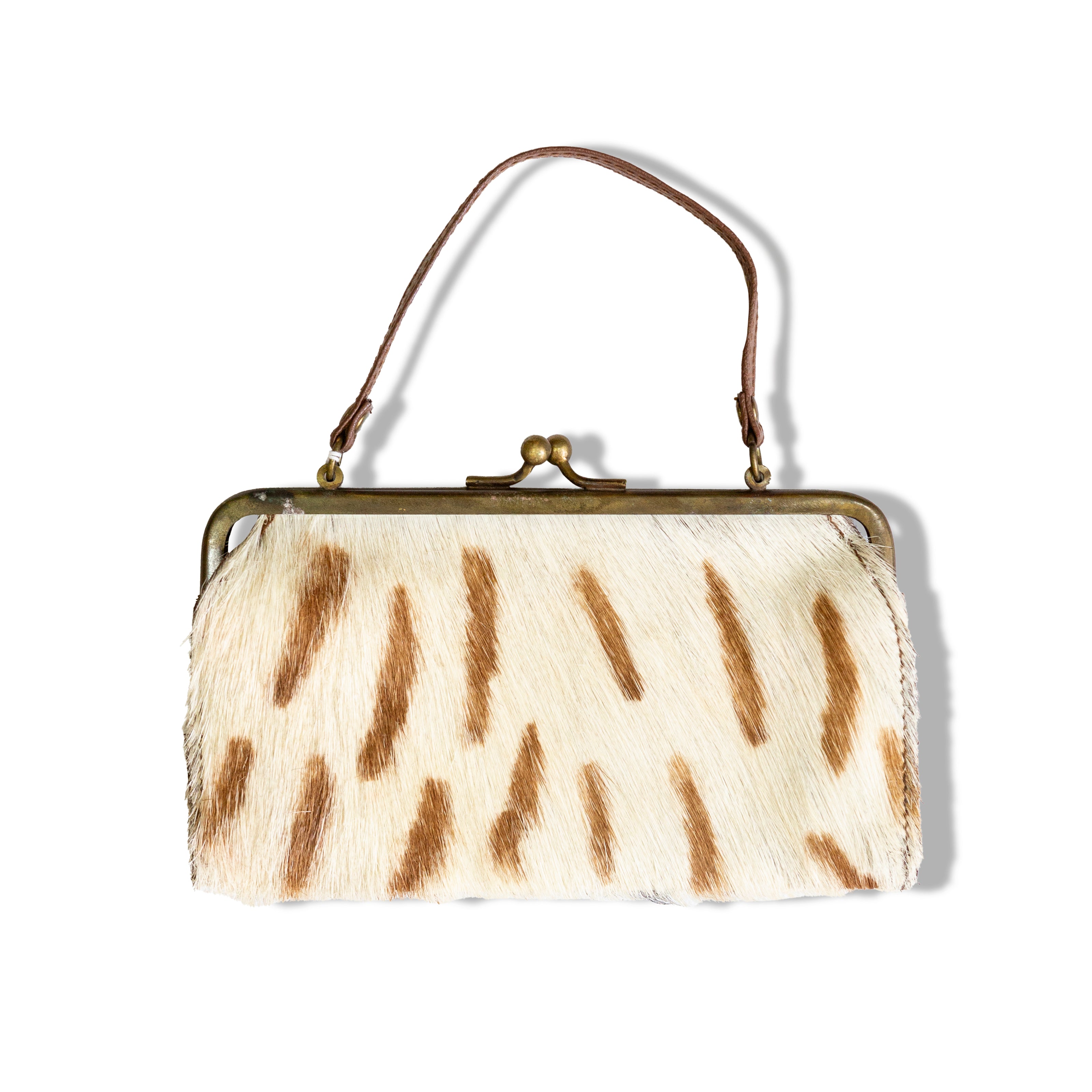 Vintage Rossella Carrara Italy Calf Hair Clutch Purse with Brass Frame and Leather Handle