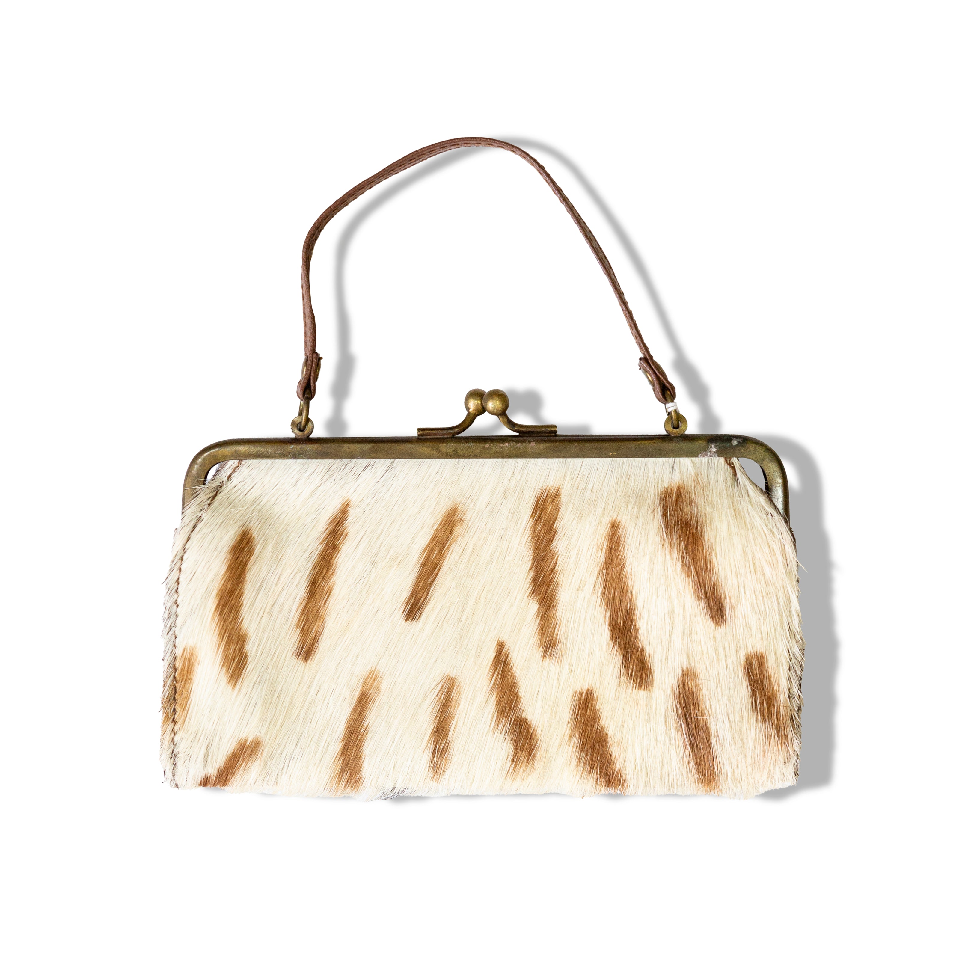 Vintage Rossella Carrara Italy Calf Hair Clutch Purse with Brass Frame and Leather Handle