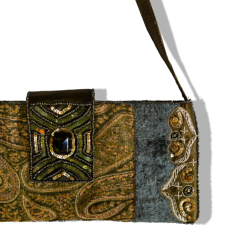 Vintage Beaded Velvet Evening Bag – Green and Gold Embroidered Clutch Purse with Jeweled Accent