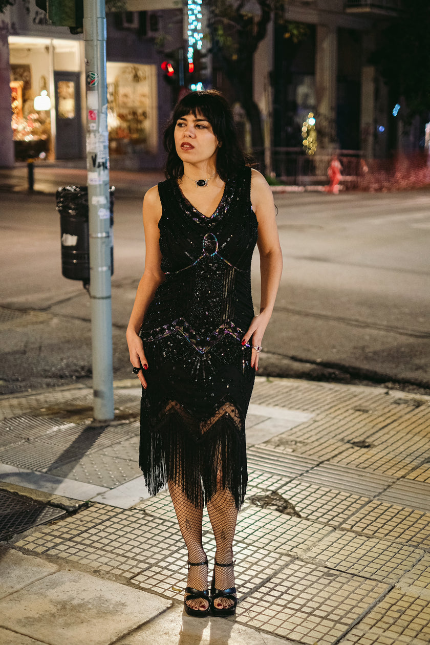 Stunning black beaded & sequin fringe flapper dress (M)
