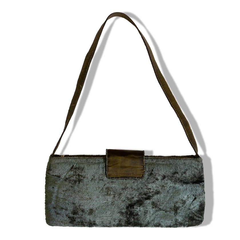 Vintage Beaded Velvet Evening Bag – Green and Gold Embroidered Clutch Purse with Jeweled Accent