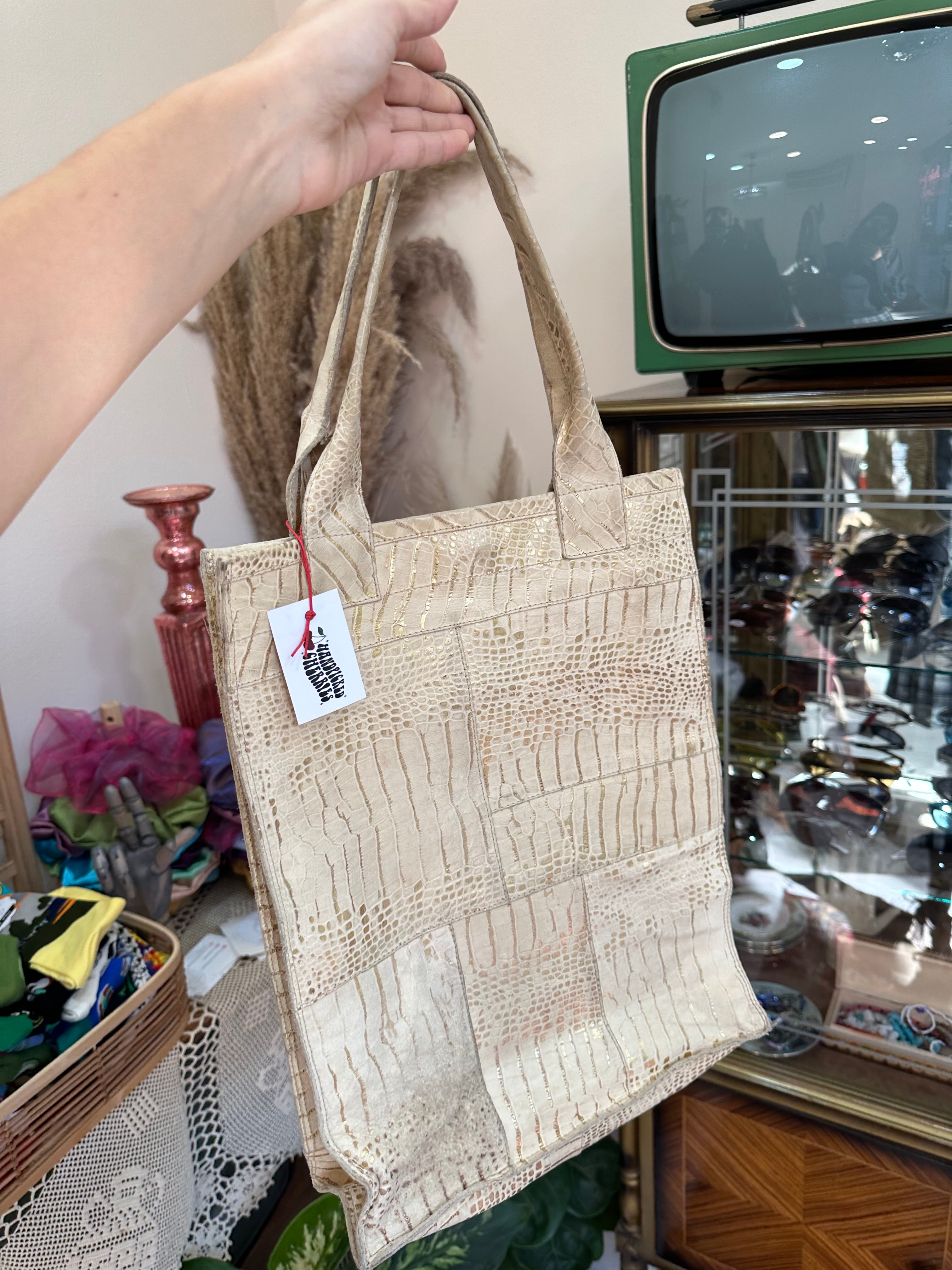 Vintage gold leather tote bag