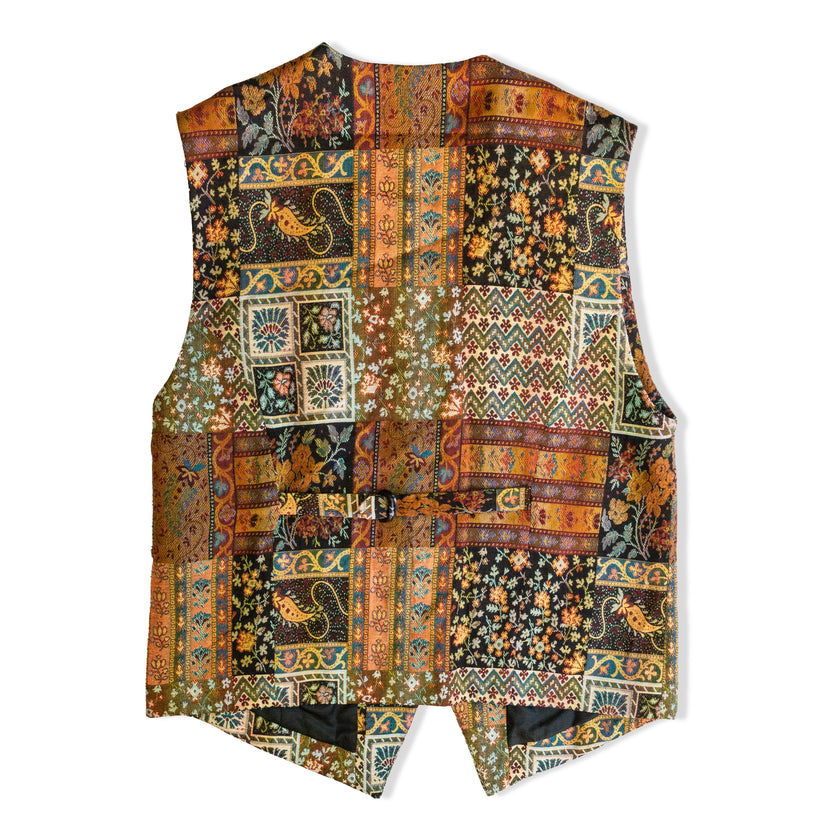 Vintage Mens Multicolor Patchwork Tapestry Button-Front Waistcoat Vest (XL)