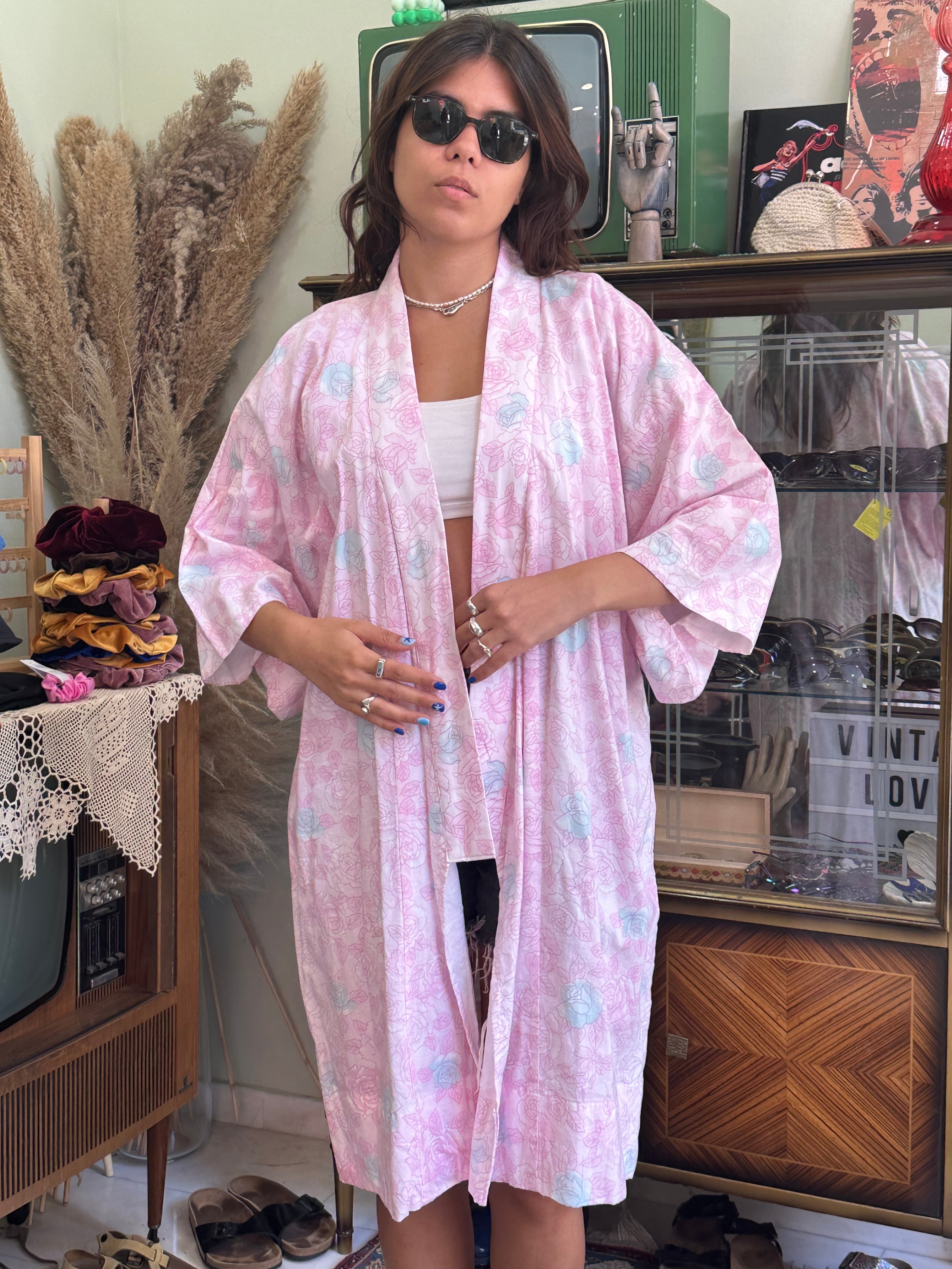 Pink floral cotton yukata robe