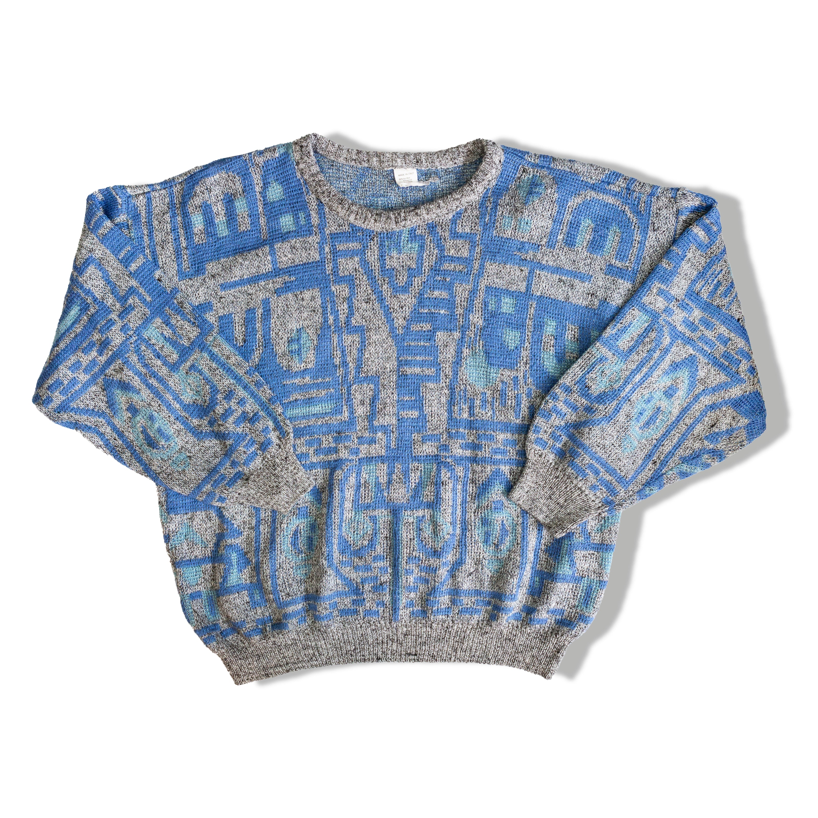 Beautiful grey knit sweater with blue geometric patterns