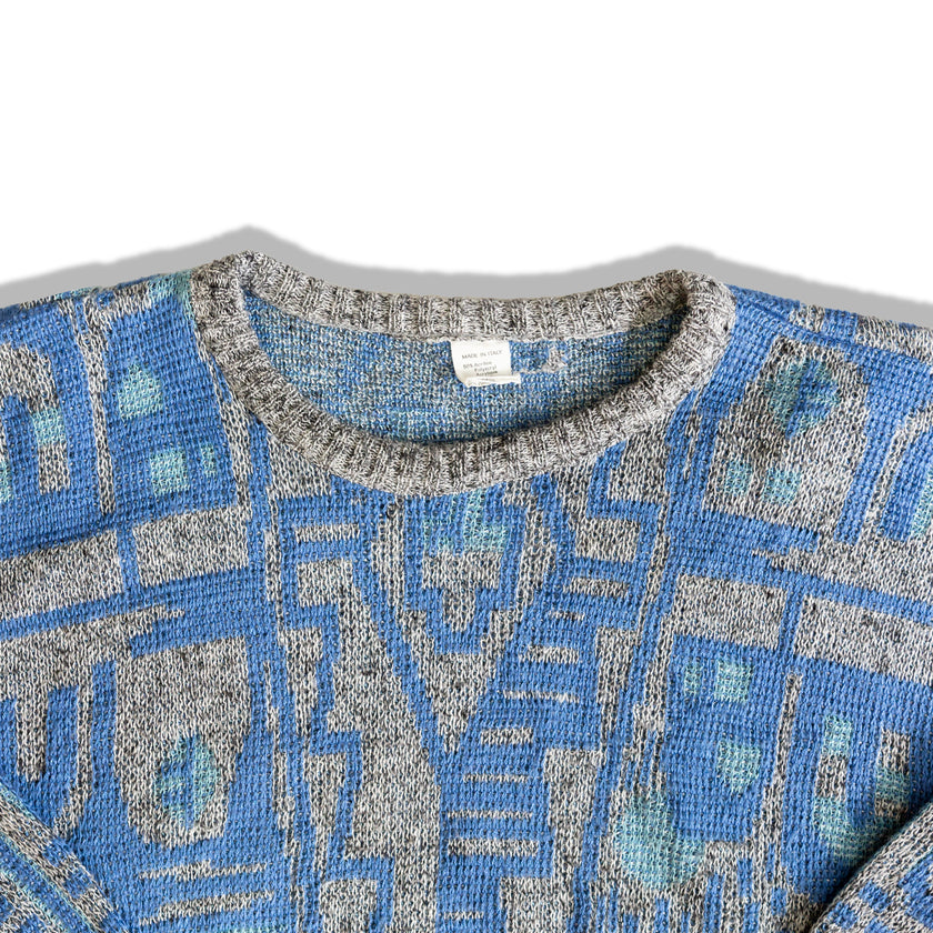 Beautiful grey knit sweater with blue geometric patterns