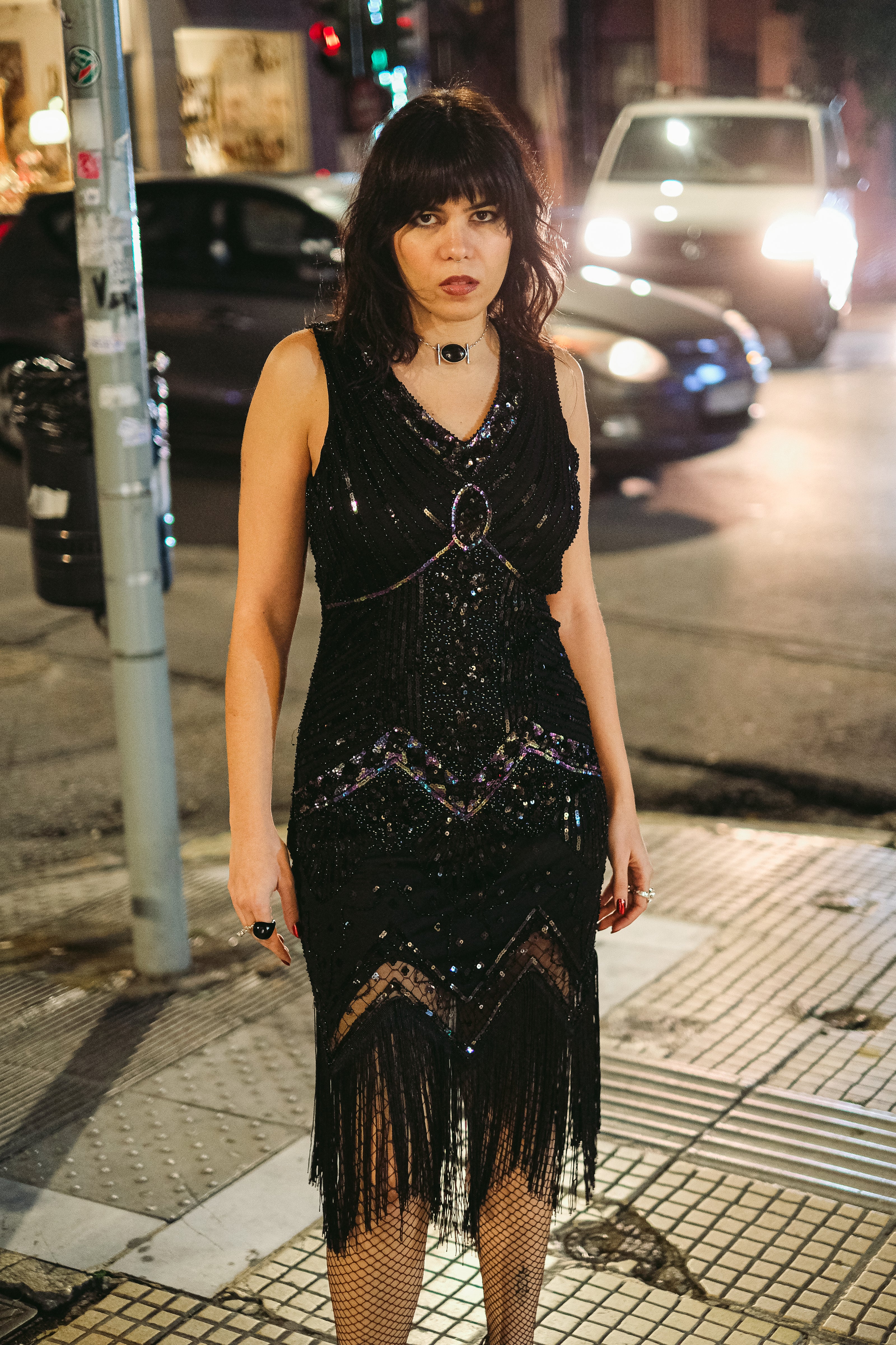 Stunning black beaded & sequin fringe flapper dress (M)
