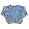 Beautiful grey knit sweater with blue geometric patterns