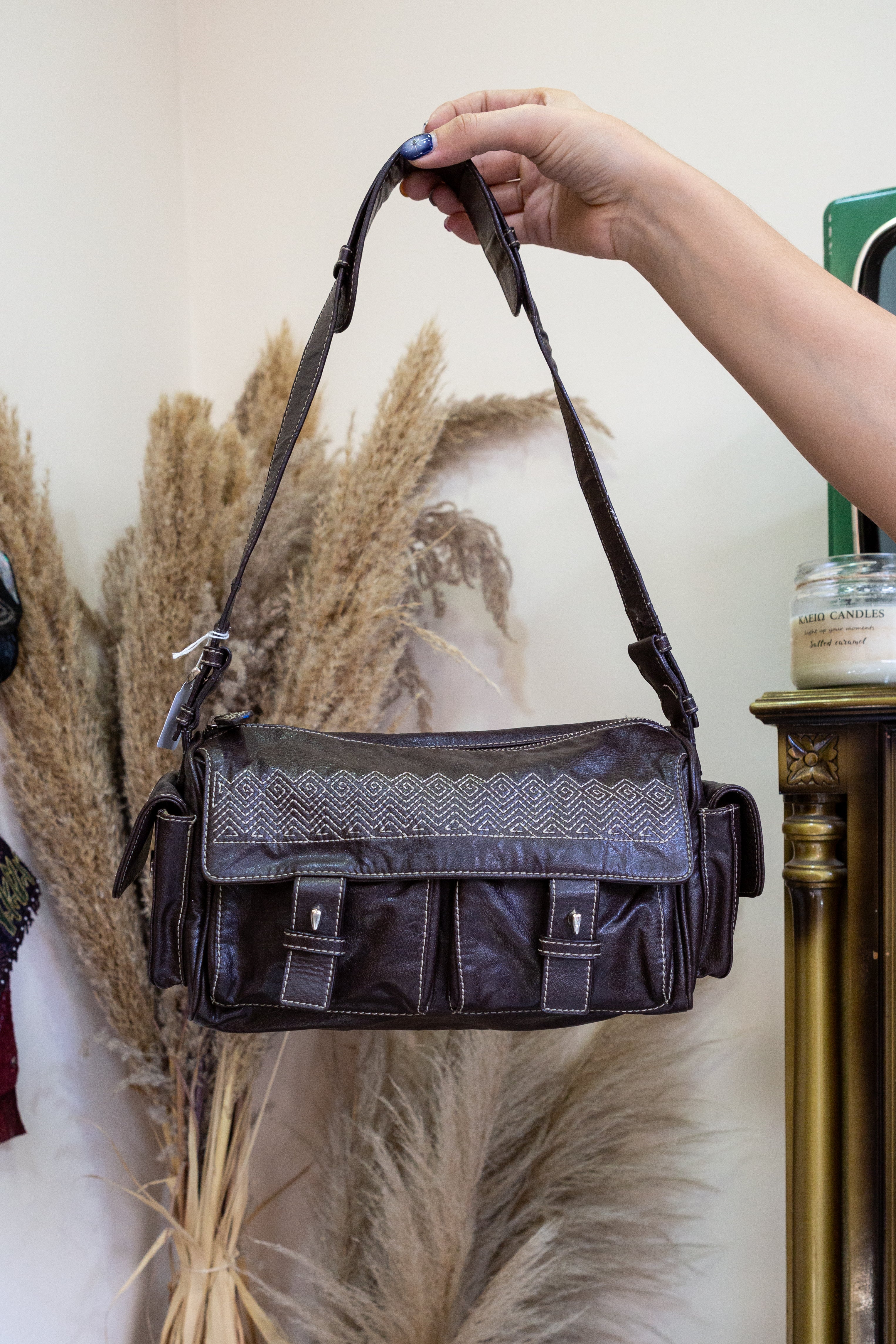 Missoni Brown Leather Shoulder Bag with Geometric Stitching – Vintage Designer Satchel