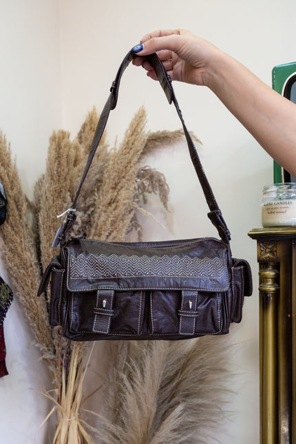 Missoni Brown Leather Shoulder Bag with Geometric Stitching – Vintage Designer Satchel