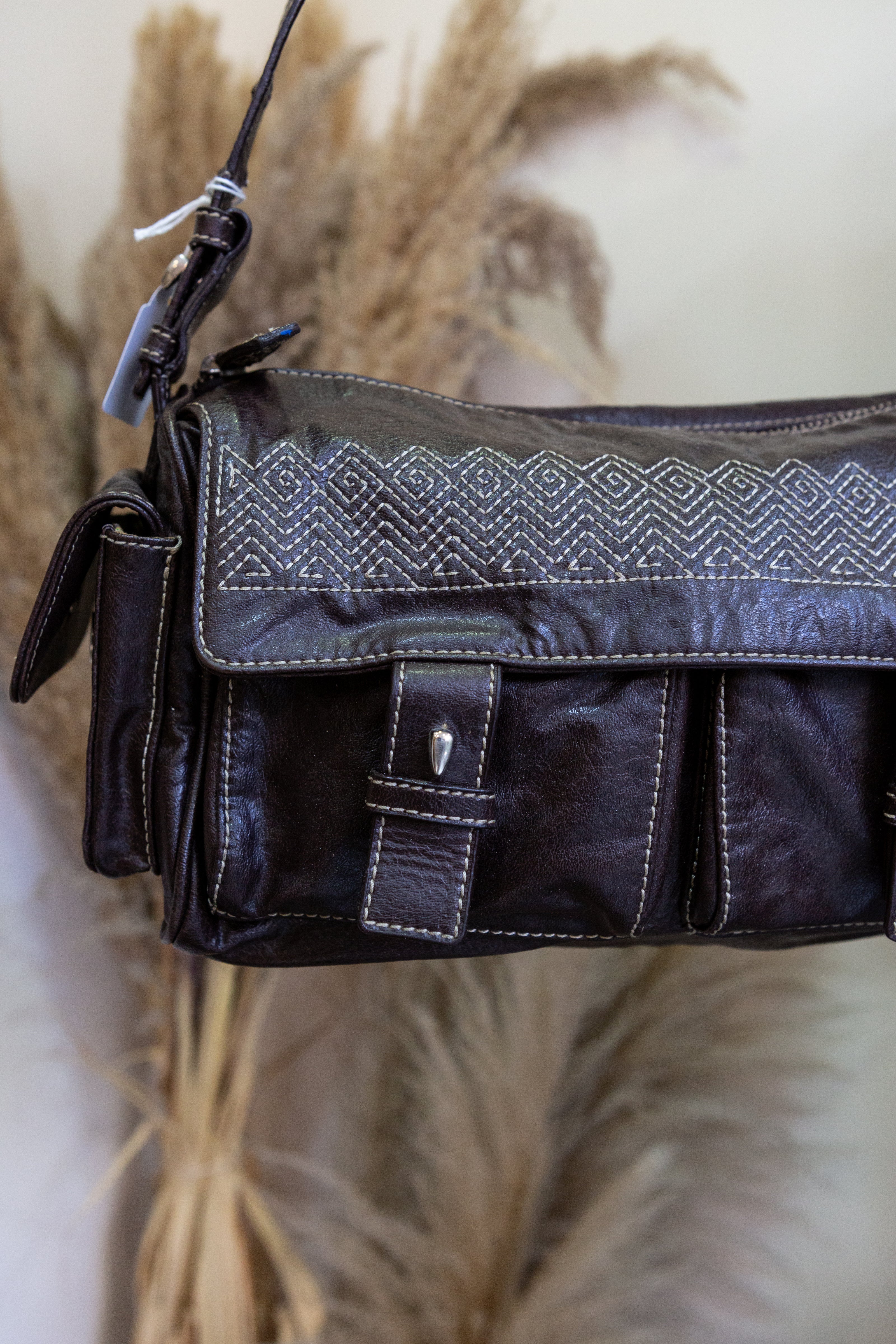 Missoni Brown Leather Shoulder Bag with Geometric Stitching – Vintage Designer Satchel