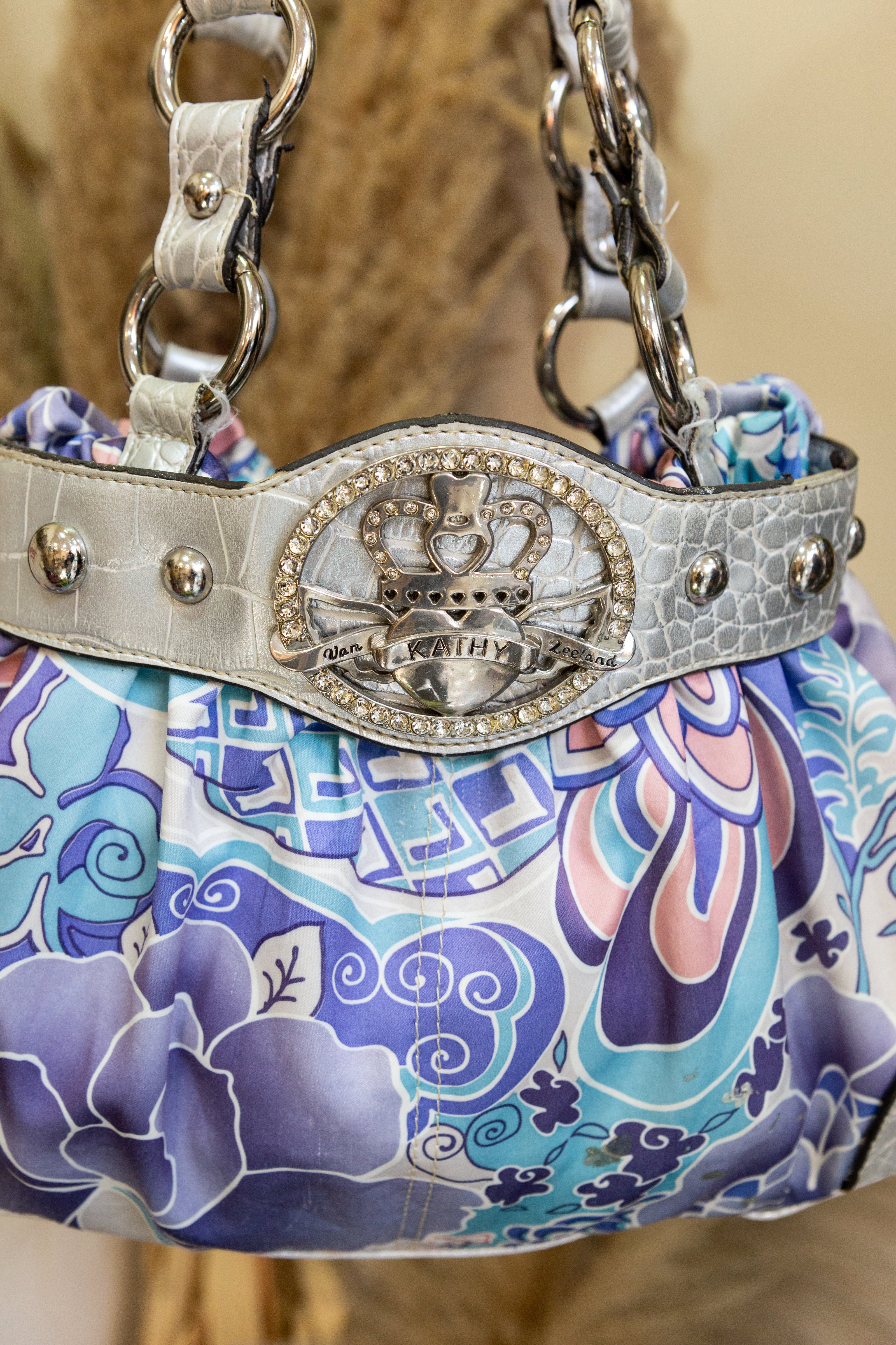 Kathy Van Zeeland Silver Floral Shoulder Bag with Rhinestone Crown Buckle – Y2K Glam Style