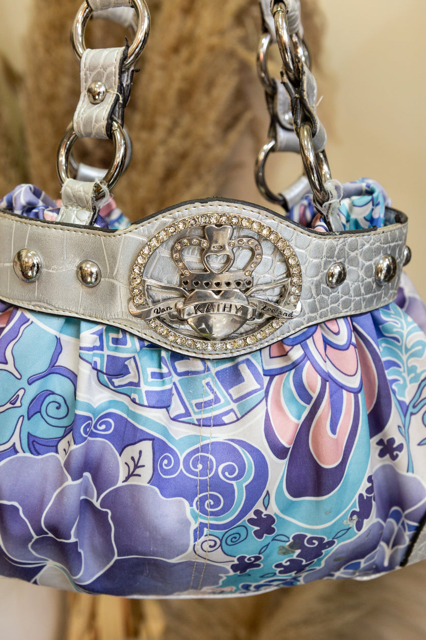 Kathy Van Zeeland Silver Floral Shoulder Bag with Rhinestone Crown Buckle – Y2K Glam Style
