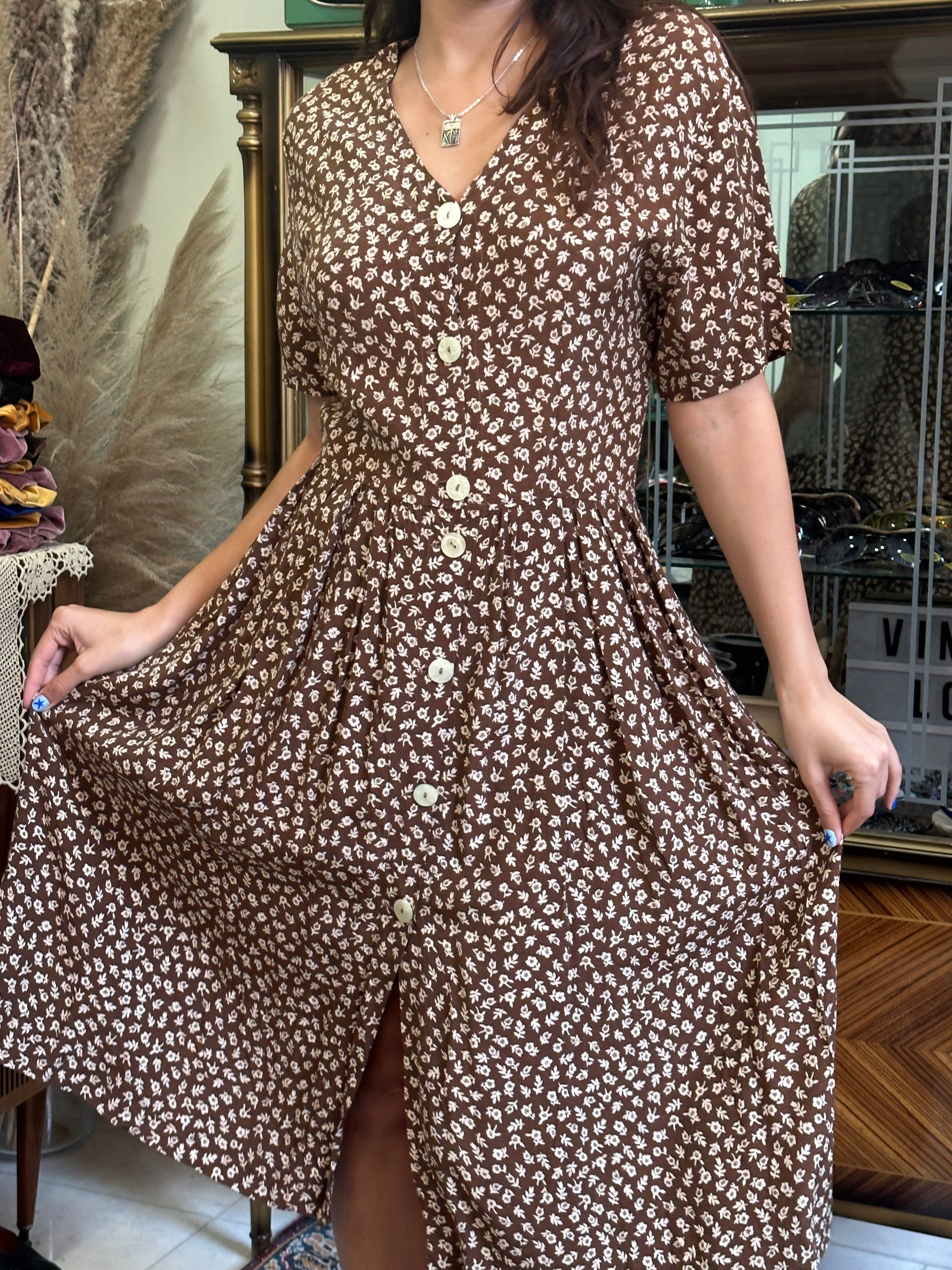 Vintage brown floral button up dress