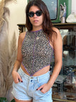 Handmade animal print top with purple stitching