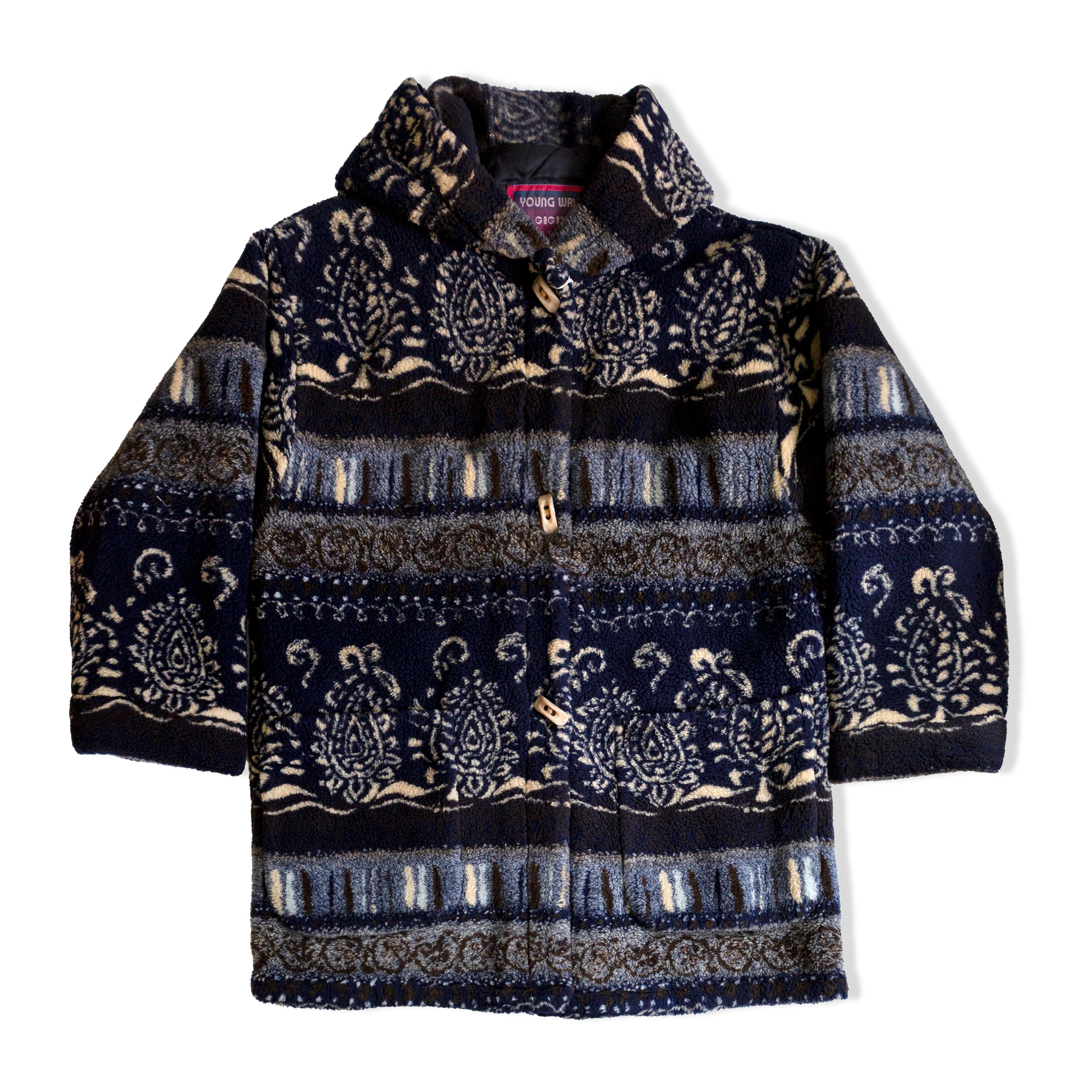 Vintage cozy funky print fleece jacket with toggles (M)