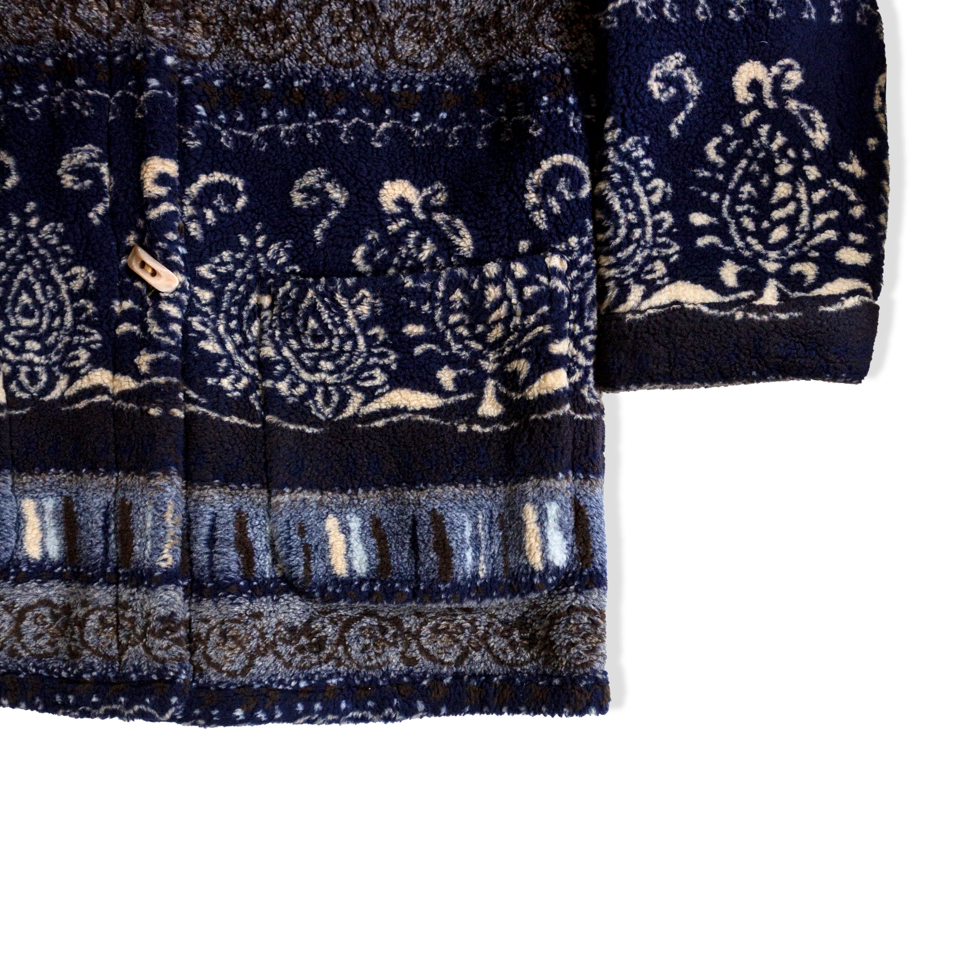 Vintage cozy funky print fleece jacket with toggles (M)