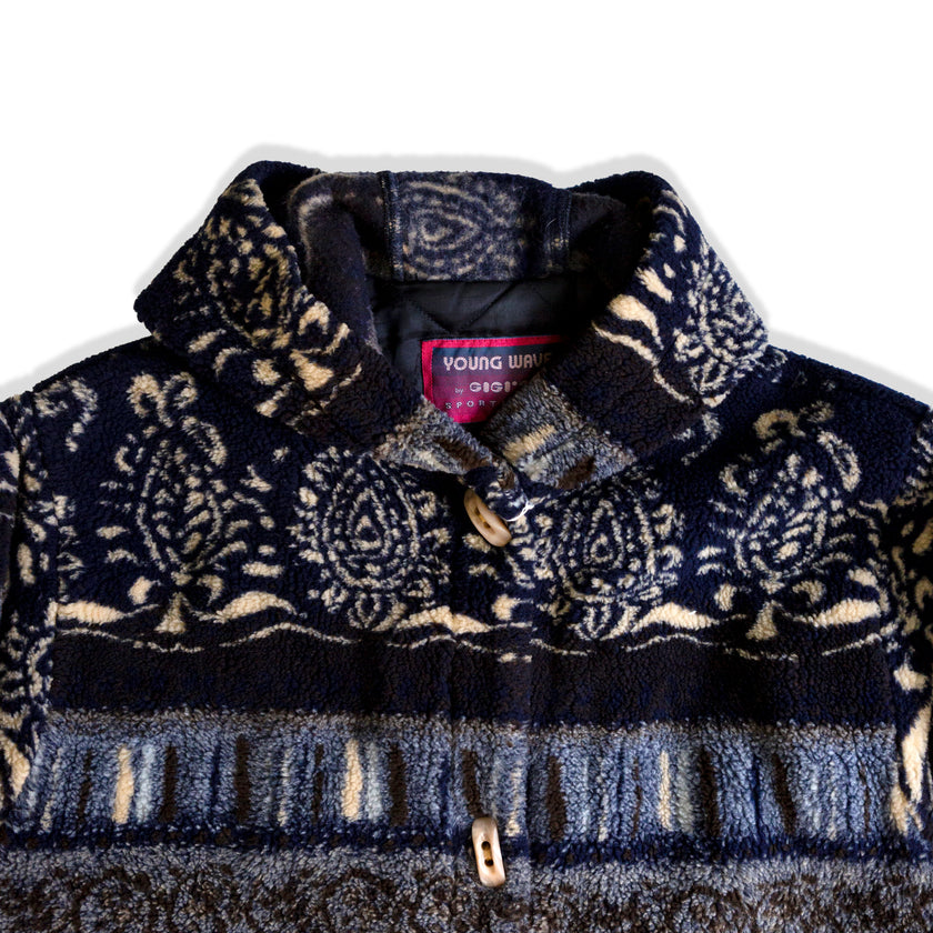 Vintage cozy funky print fleece jacket with toggles (M)