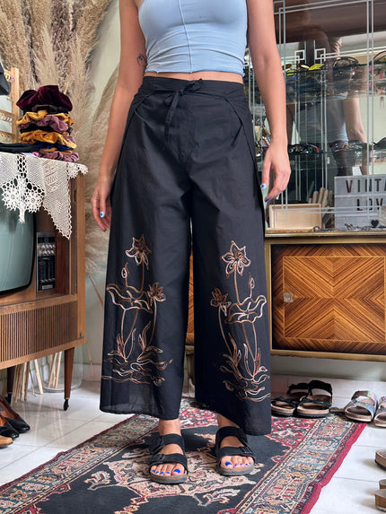Semi see through embroidered wrap pants
