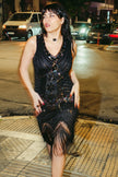 Stunning black beaded & sequin fringe flapper dress (M)