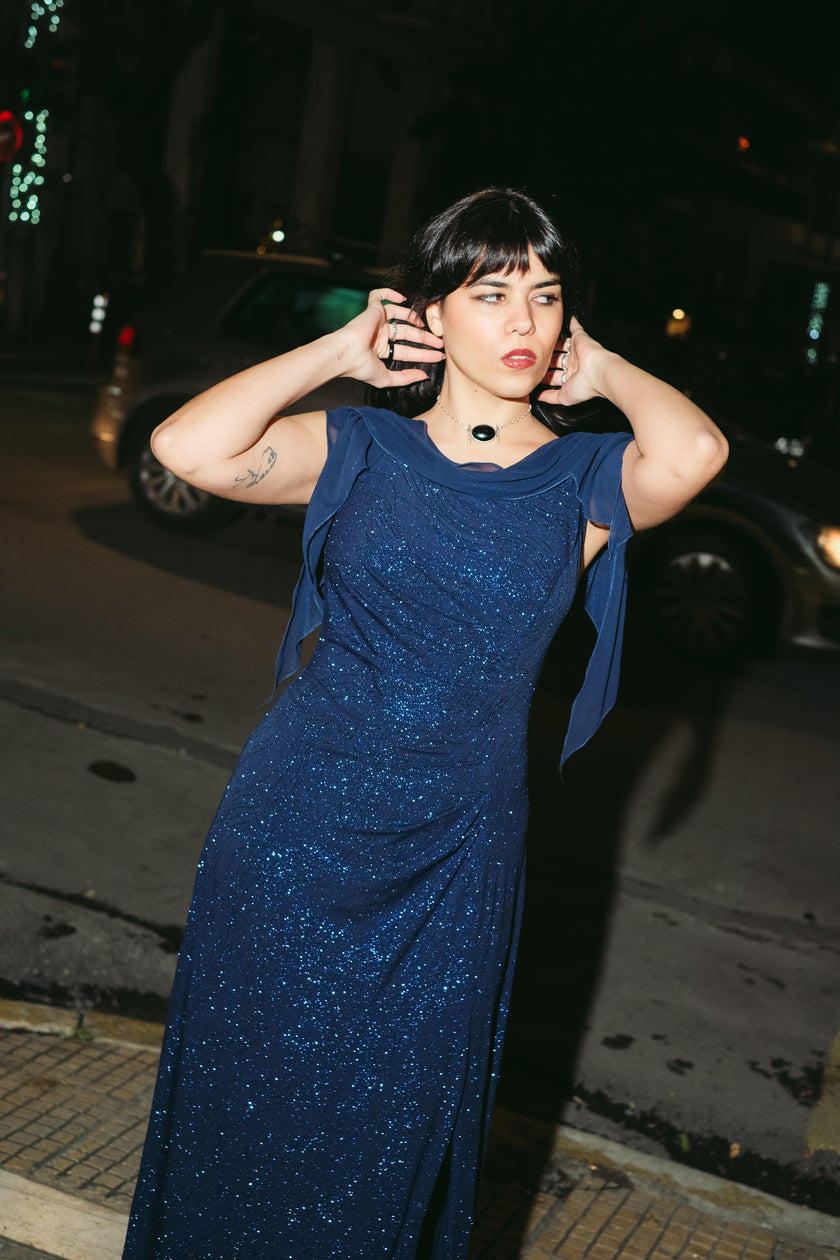 Vintage navy glitter evening gown with sheer shawl sleeves (XL)