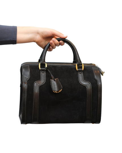 Vintage black suede & letaher structured top handle bag with gold hardwear