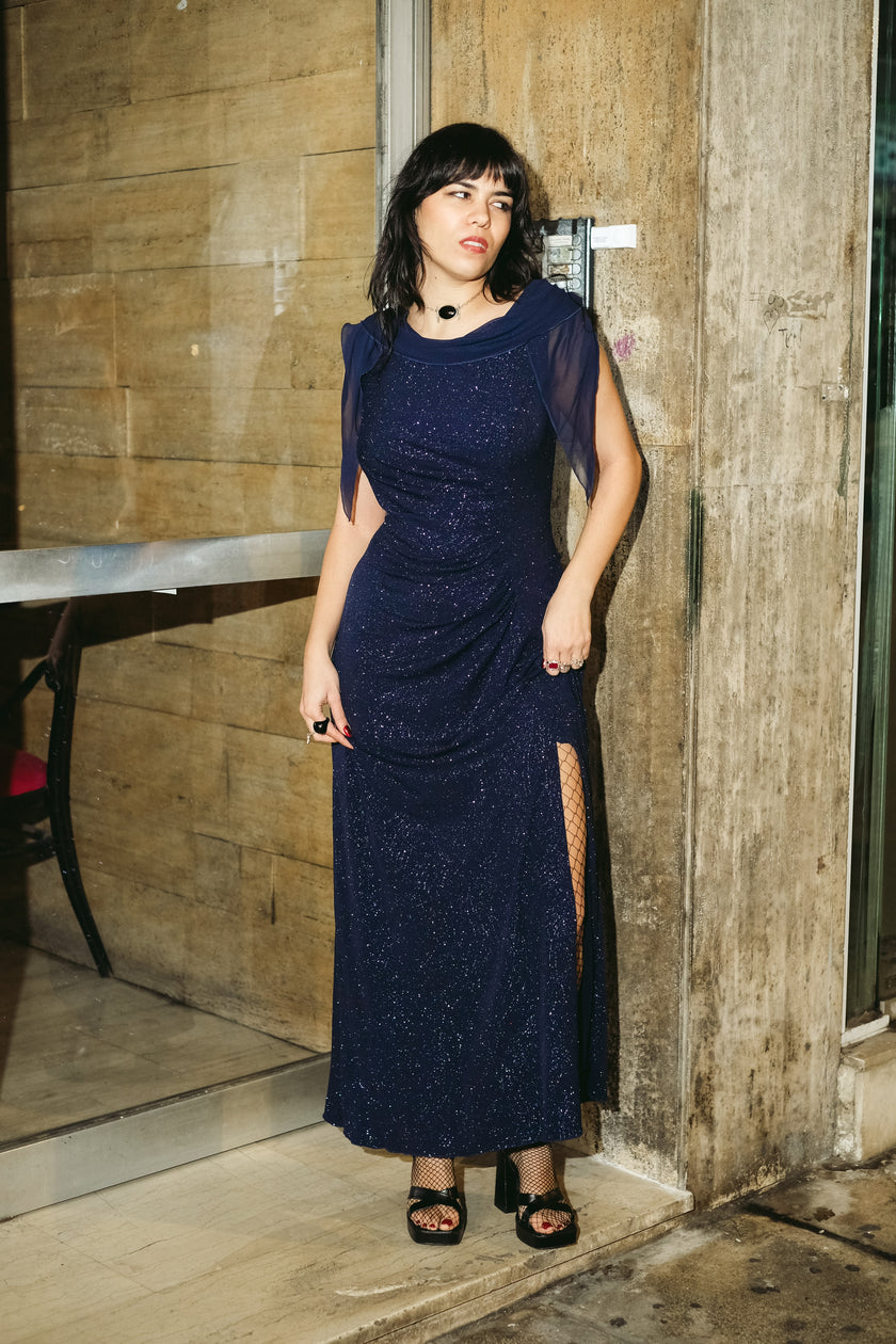 Vintage navy glitter evening gown with sheer shawl sleeves (XL)