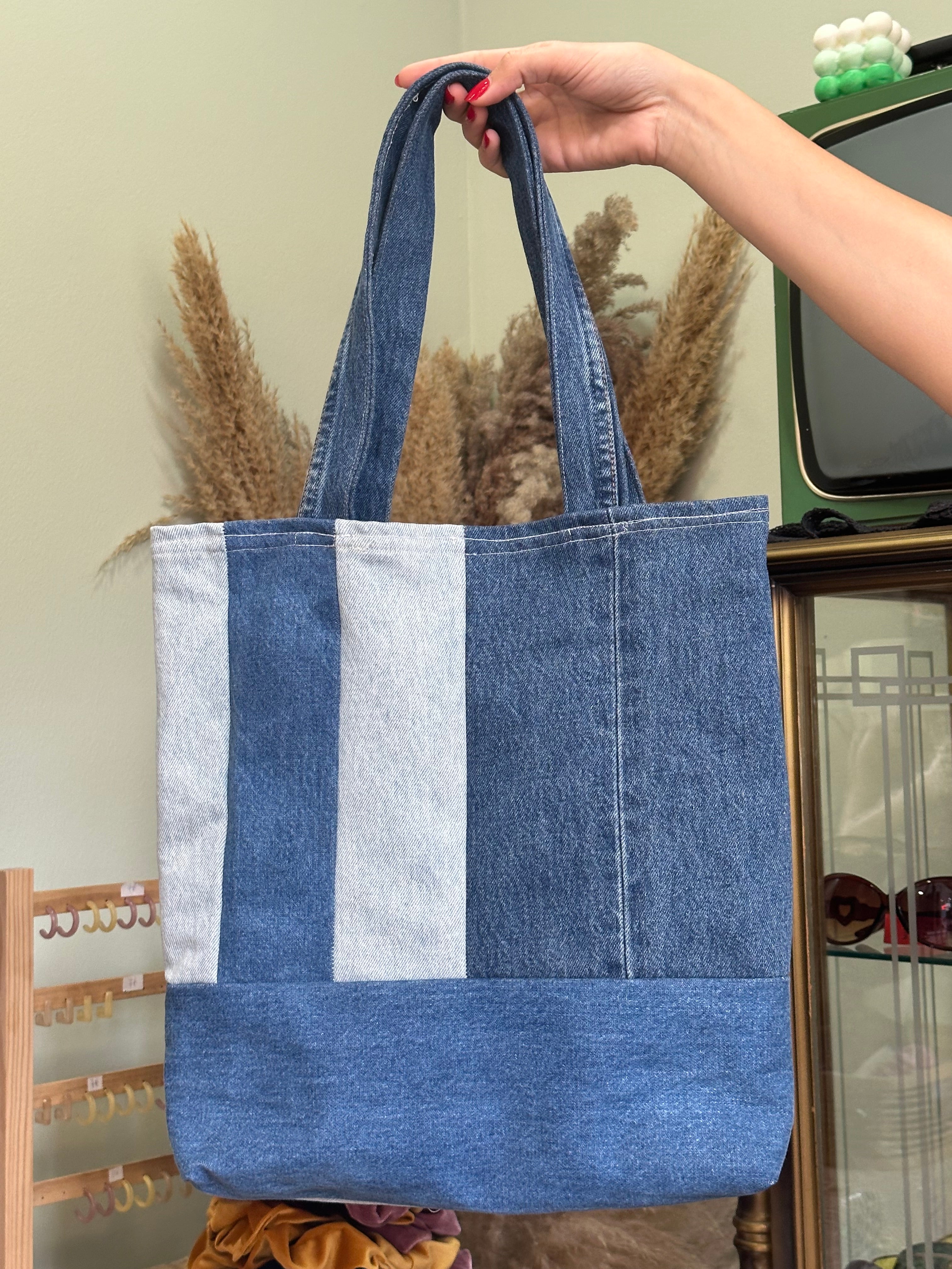 Stunning up-cycled denim patchwork tote bag