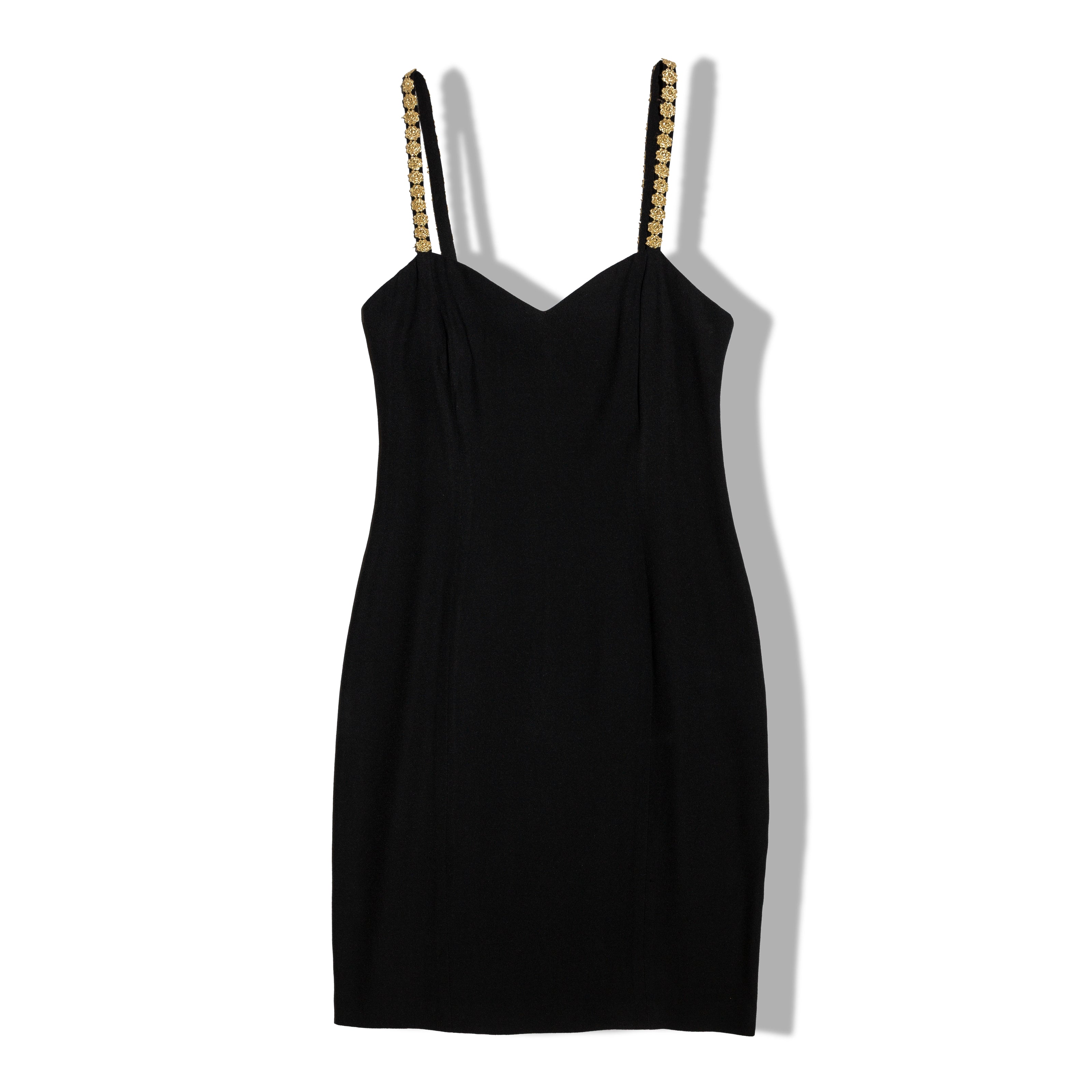 Hot black dress with gold embroidered flowers on the straps (XS)